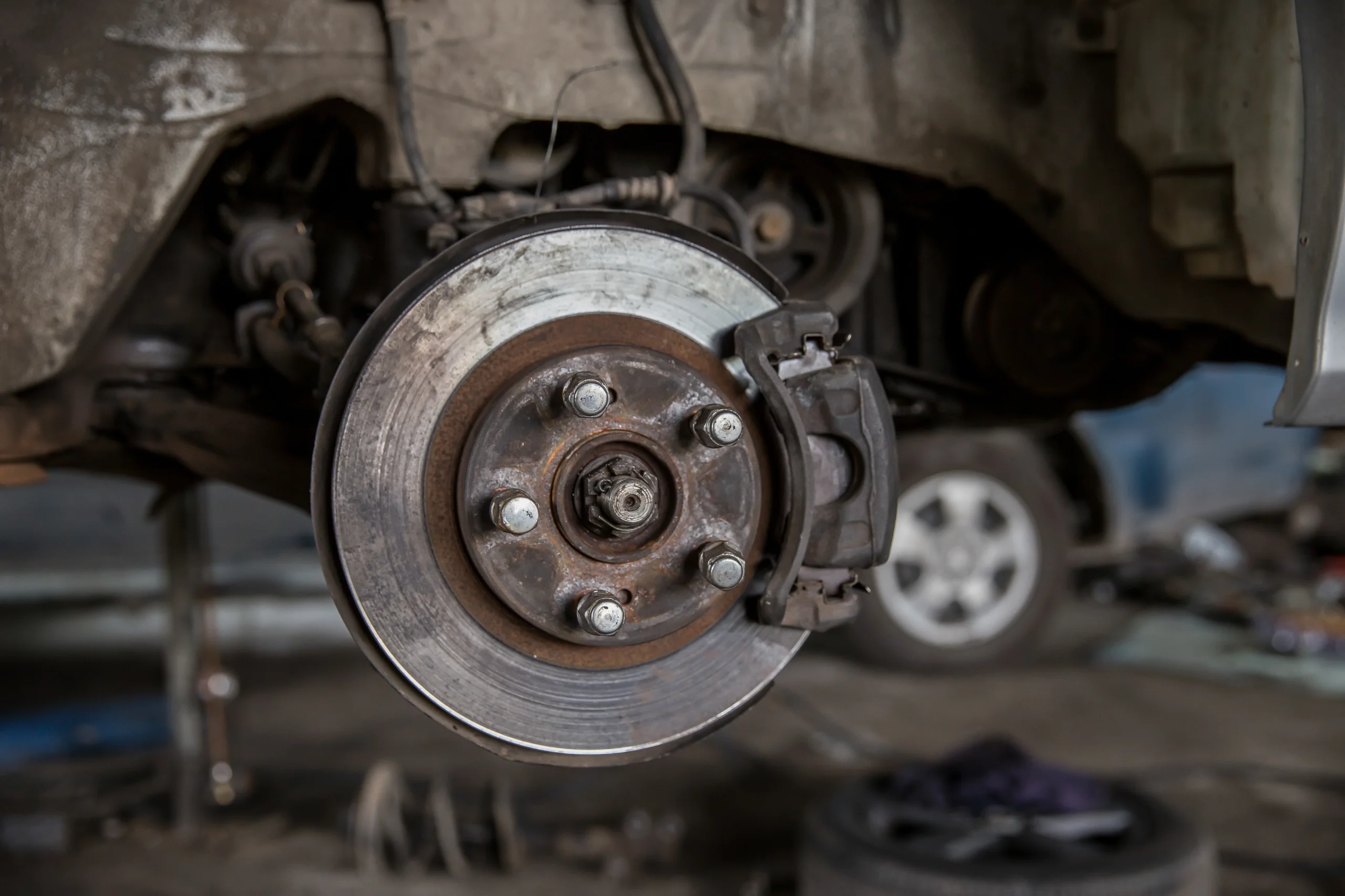 Closeup of brake disc mounted on car